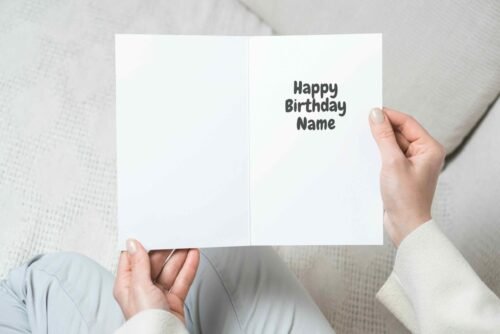 Personalised birthday card template featuring a cheerful design with space for a name, perfect for custom celebrations.