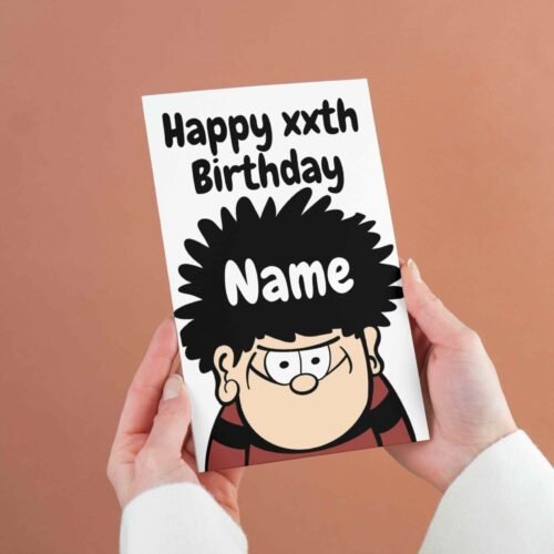 Personalised birthday card template featuring a cheerful design with space for a name, perfect for custom celebrations.