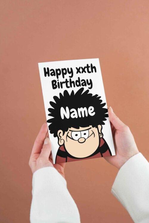 Personalised birthday card template featuring a cheerful design with space for a name, perfect for custom celebrations.