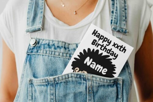 Personalised birthday card template featuring a cheerful design with space for a name, perfect for custom celebrations.