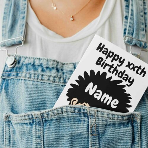 Personalised birthday card template featuring a cheerful design with space for a name, perfect for custom celebrations.