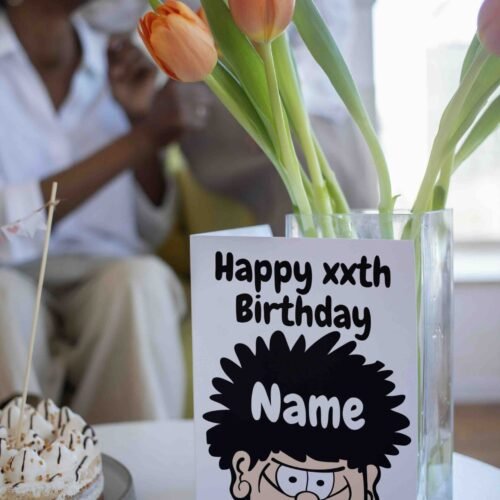 Personalised birthday card template featuring a cheerful design with space for a name, perfect for custom celebrations.