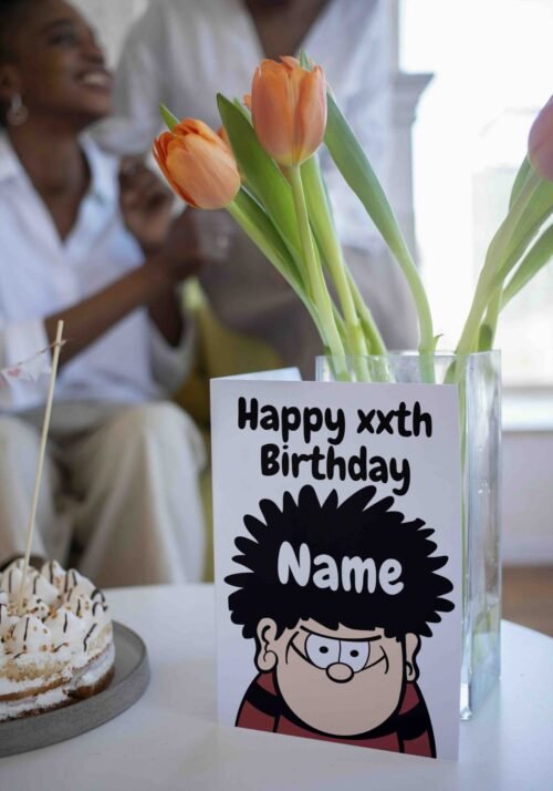 Personalised birthday card template featuring a cheerful design with space for a name, perfect for custom celebrations.