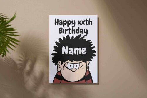 Personalised birthday card template featuring a cheerful design with space for a name, perfect for custom celebrations.