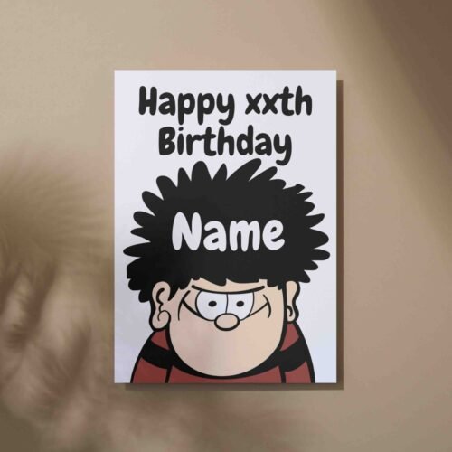 Personalised birthday card template featuring a cheerful design with space for a name, perfect for custom celebrations.