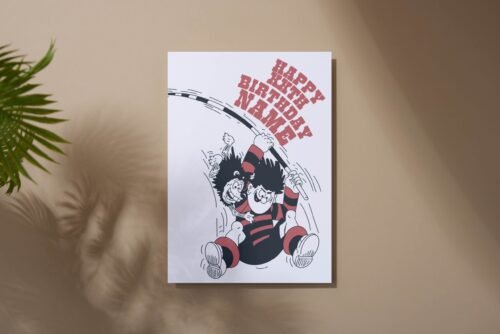 KA-POW! Personalise this Dennis & Gnasher Pole-vault Birthday card with names/ages for explosive Beano fun. Premium quality, ships fast – chaos guaranteed!