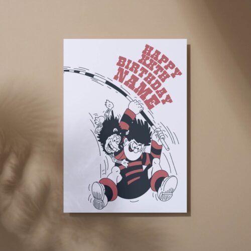 KA-POW! Personalise this Dennis & Gnasher Pole-vault Birthday card with names/ages for explosive Beano fun. Premium quality, ships fast – chaos guaranteed!