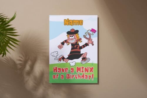 Free shipping offer for Minnie the Minx birthday cards featuring 'Have a MINX of a Birthday!' message with space for personalisation, designed by Paul.