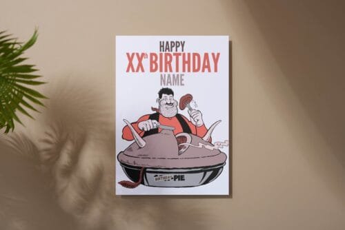 Free shipping offer for Desperate Dan birthday cards featuring 'Happy Xth Birthday' text with space for name and birthday pie illustration, perfect for comic fans.
