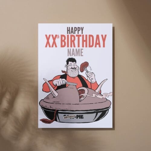Free shipping offer for Desperate Dan birthday cards featuring 'Happy Xth Birthday' text with space for name and birthday pie illustration, perfect for comic fans.
