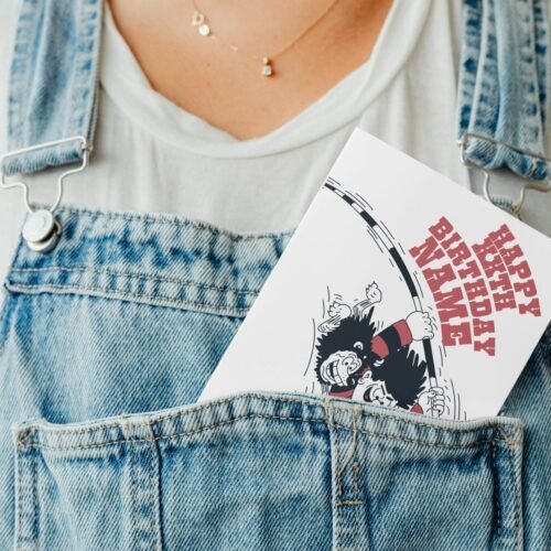 KA-POW! Personalise this Dennis & Gnasher Pole-vault Birthday card with names/ages for explosive Beano fun. Premium quality, ships fast – chaos guaranteed!