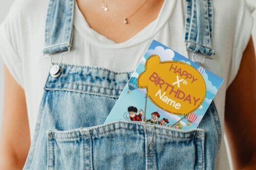 Free shipping offer for personalised birthday cards featuring bold 'Happy Xth Birthday' text with space for name, designed by Paul.