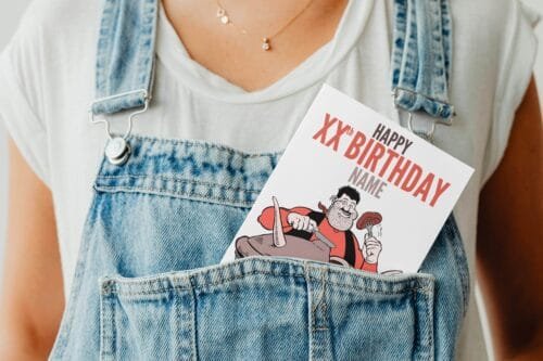 Free shipping offer for Desperate Dan birthday cards featuring 'Happy Xth Birthday' text with space for name and birthday pie illustration, perfect for comic fans.