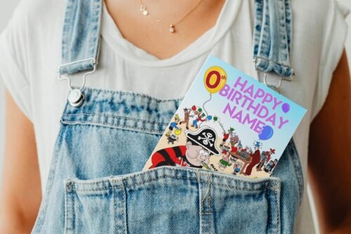 Personalised birthday card template with 'Happy Birthday' text and space for a name, ideal for custom celebrations.