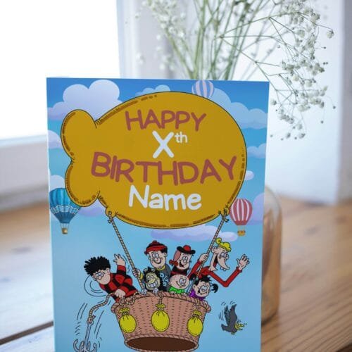 Free shipping offer for personalised birthday cards featuring bold 'Happy Xth Birthday' text with space for name, designed by Paul.