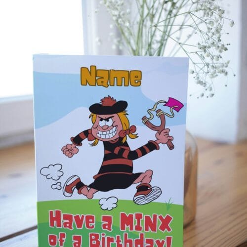 Free shipping offer for Minnie the Minx birthday cards featuring 'Have a MINX of a Birthday!' message with space for personalisation, designed by Paul.