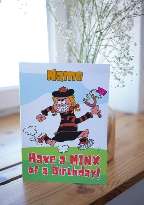 Free shipping offer for Minnie the Minx birthday cards featuring 'Have a MINX of a Birthday!' message with space for personalisation, designed by Paul.