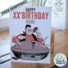 Desperate Dan birthday card featuring 'Happy Xth Birthday' text with space for name and birthday pie illustration displayed on table