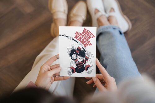 KA-POW! Personalise this Dennis & Gnasher Pole-vault Birthday card with names/ages for explosive Beano fun. Premium quality, ships fast – chaos guaranteed!