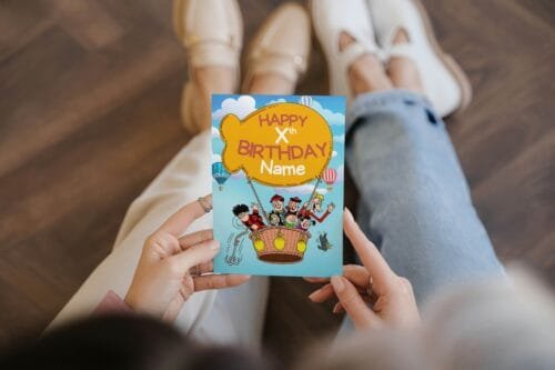 Free shipping offer for personalised birthday cards featuring bold 'Happy Xth Birthday' text with space for name, designed by Paul.
