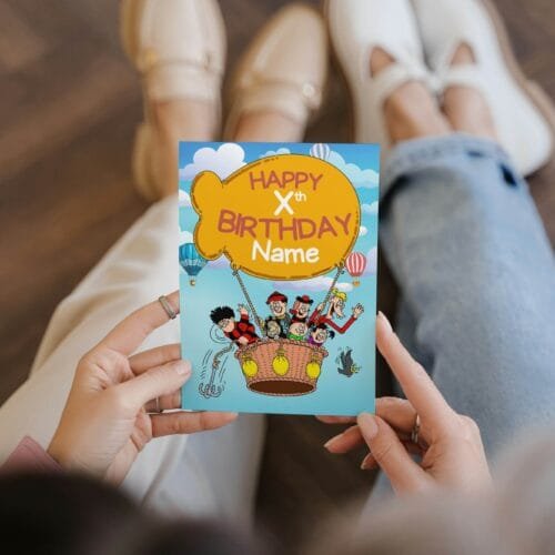 Free shipping offer for personalised birthday cards featuring bold 'Happy Xth Birthday' text with space for name, designed by Paul.