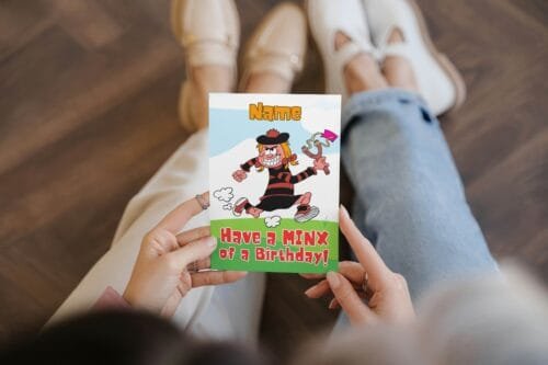 Free shipping offer for Minnie the Minx birthday cards featuring 'Have a MINX of a Birthday!' message with space for personalisation, designed by Paul.