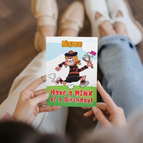 Free shipping offer for Minnie the Minx birthday cards featuring 'Have a MINX of a Birthday!' message with space for personalisation, designed by Paul.
