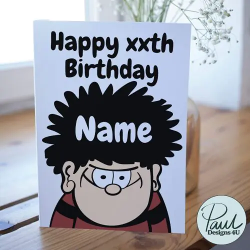 Personalised birthday card template featuring a cheerful design with space for a name, perfect for custom celebrations.