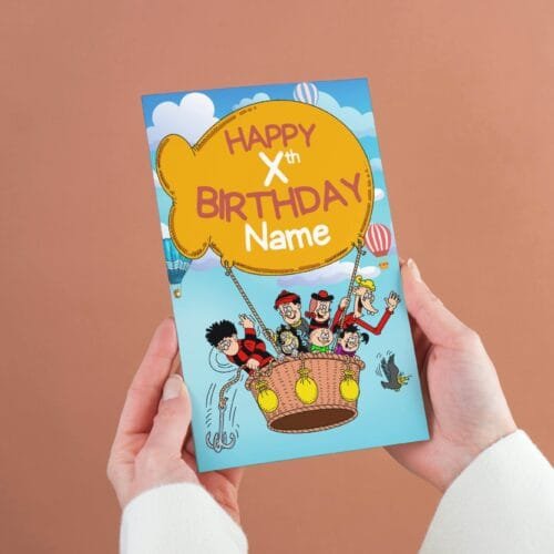 Free shipping offer for personalised birthday cards featuring bold 'Happy Xth Birthday' text with space for name, designed by Paul.