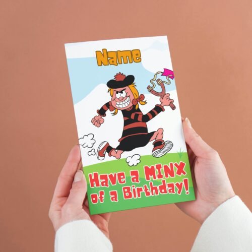 Free shipping offer for Minnie the Minx birthday cards featuring 'Have a MINX of a Birthday!' message with space for personalisation, designed by Paul.