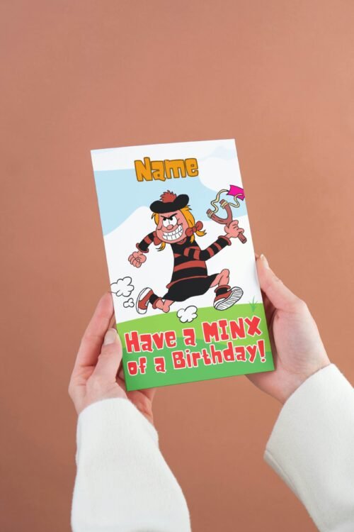 Free shipping offer for Minnie the Minx birthday cards featuring 'Have a MINX of a Birthday!' message with space for personalisation, designed by Paul.