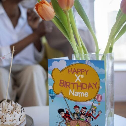 Free shipping offer for personalised birthday cards featuring bold 'Happy Xth Birthday' text with space for name, designed by Paul.