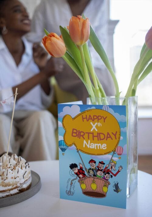 Free shipping offer for personalised birthday cards featuring bold 'Happy Xth Birthday' text with space for name, designed by Paul.