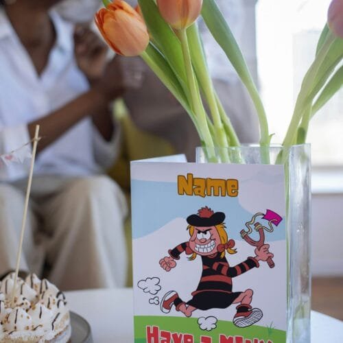 Free shipping offer for Minnie the Minx birthday cards featuring 'Have a MINX of a Birthday!' message with space for personalisation, designed by Paul.