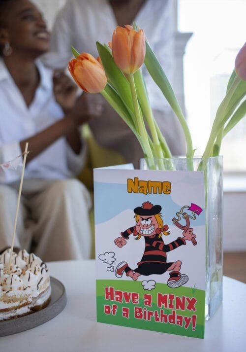 Free shipping offer for Minnie the Minx birthday cards featuring 'Have a MINX of a Birthday!' message with space for personalisation, designed by Paul.
