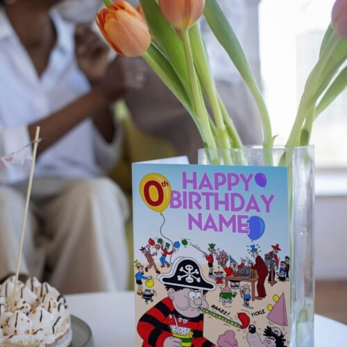 Personalised birthday card template with 'Happy Birthday' text and space for a name, ideal for custom celebrations.