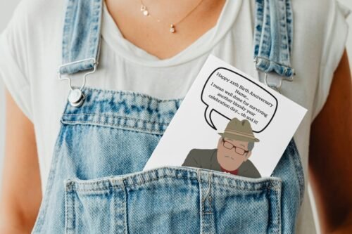 Humorous birthday card featuring UK comedy character Count Arthur Strong, Design reflects Arthur’s signature blundering charm.