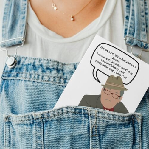 Humorous birthday card featuring UK comedy character Count Arthur Strong, Design reflects Arthur’s signature blundering charm.