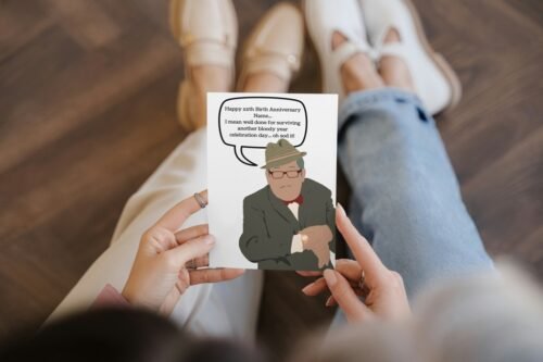 Humorous birthday card featuring Count Arthur Strong, with text: ‘Happy xxth Birth Anniversary Name... I mean well done for surviving another bloody year! Celebration day... oh sod it!’ Printed on 350gsm matt card, with options to personalise name and age. Design reflects Arthur’s signature blundering charm.