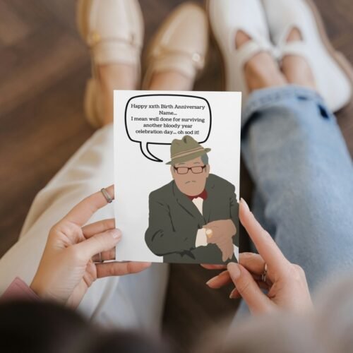 Humorous birthday card featuring Count Arthur Strong, with text: ‘Happy xxth Birth Anniversary Name... I mean well done for surviving another bloody year! Celebration day... oh sod it!’ Printed on 350gsm matt card, with options to personalise name and age. Design reflects Arthur’s signature blundering charm.