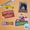 A vintage-inspired sticker design featuring Only Fools and Horses references: the Nags Head pub sign, 'CUSHTY' slogan, 'MANDELA' nod, and bold 'ONLY FOOLS HORSES' text in retro typography.