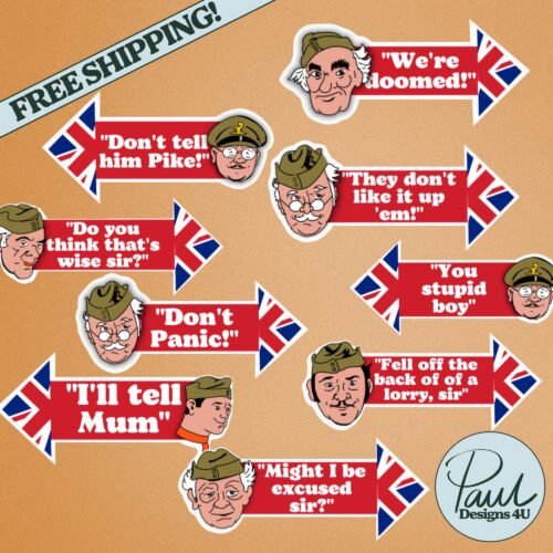 Dads Army Sticker Pack featuring iconic quotes like ‘Don’t Panic!’, ‘We’re Doomed!’, and ‘You stupid boy’, alongside beloved characters including Captain Mainwaring and Private Pike. A nostalgic tribute to the classic British comedy series.