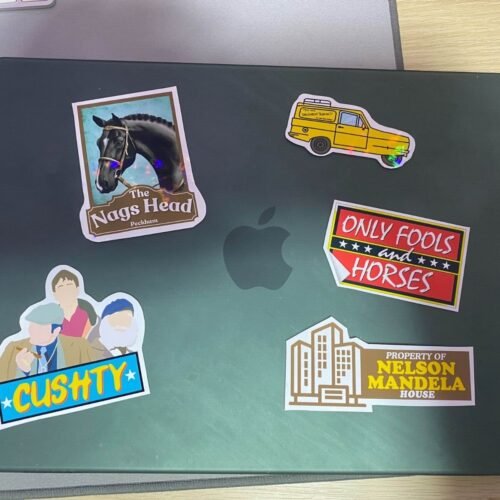 A vintage-inspired sticker design featuring Only Fools and Horses references: the Nags Head pub sign, 'CUSHTY' slogan, 'MANDELA' nod, and bold 'ONLY FOOLS HORSES' text in retro typography.