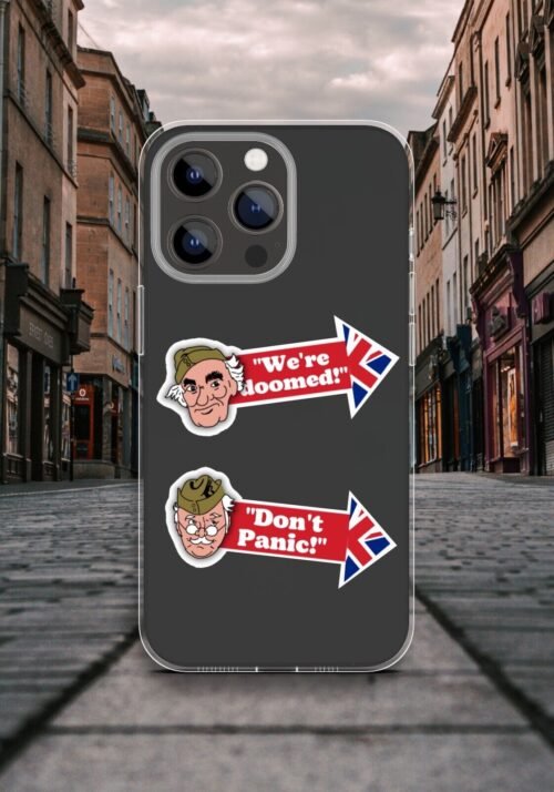 Dads Army Sticker Pack featuring iconic quotes like ‘Don’t Panic!’, ‘We’re Doomed!’, and ‘You stupid boy’, alongside beloved characters including Captain Mainwaring and Private Pike. A nostalgic tribute to the classic British comedy series.
