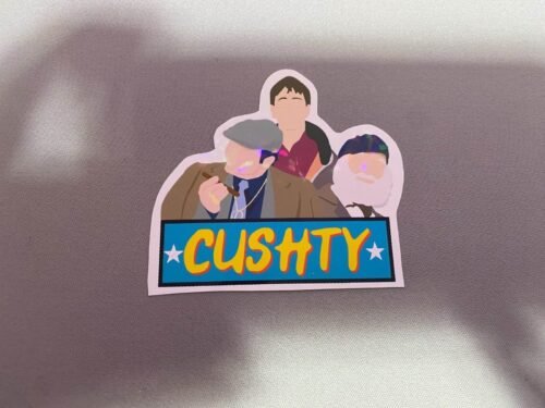A vintage-inspired sticker design featuring Only Fools and Horses references: the Nags Head pub sign, 'CUSHTY' slogan, 'MANDELA' nod, and bold 'ONLY FOOLS HORSES' text in retro typography.