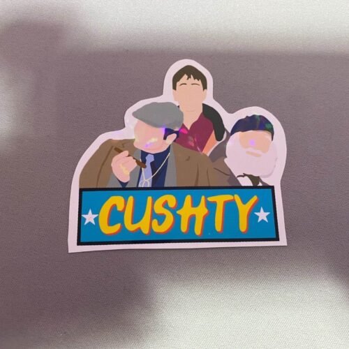 A vintage-inspired sticker design featuring Only Fools and Horses references: the Nags Head pub sign, 'CUSHTY' slogan, 'MANDELA' nod, and bold 'ONLY FOOLS HORSES' text in retro typography.