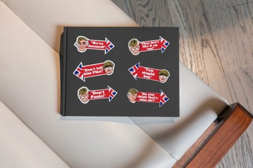 Dads Army Sticker Pack featuring iconic quotes like ‘Don’t Panic!’, ‘We’re Doomed!’, and ‘You stupid boy’, alongside beloved characters including Captain Mainwaring and Private Pike. A nostalgic tribute to the classic British comedy series.