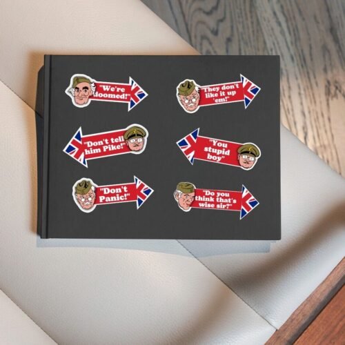 Dads Army Sticker Pack featuring iconic quotes like ‘Don’t Panic!’, ‘We’re Doomed!’, and ‘You stupid boy’, alongside beloved characters including Captain Mainwaring and Private Pike. A nostalgic tribute to the classic British comedy series.