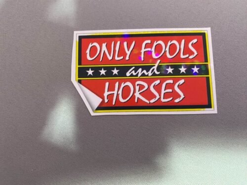 A vintage-inspired sticker design featuring Only Fools and Horses references: the Nags Head pub sign, 'CUSHTY' slogan, 'MANDELA' nod, and bold 'ONLY FOOLS HORSES' text in retro typography.