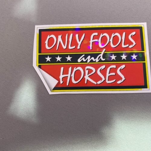 A vintage-inspired sticker design featuring Only Fools and Horses references: the Nags Head pub sign, 'CUSHTY' slogan, 'MANDELA' nod, and bold 'ONLY FOOLS HORSES' text in retro typography.